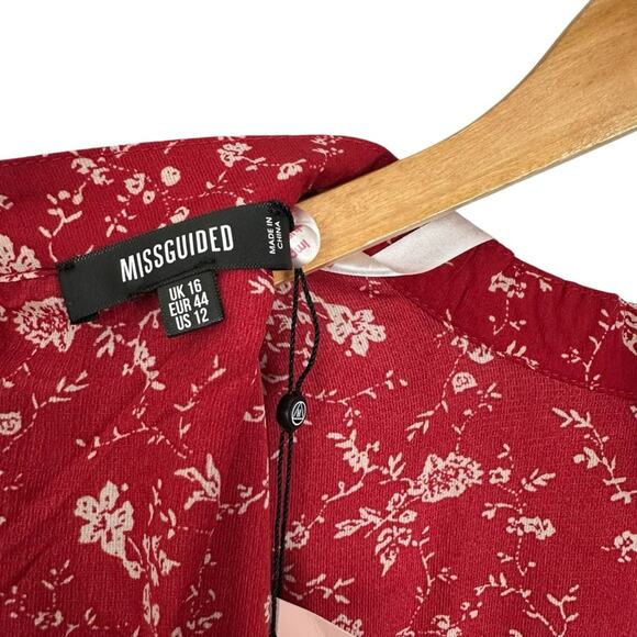 NWT Missguided High Neck Puff Sleeve Midi Dress Red Floral Size US 12 - Picture 3 of 15